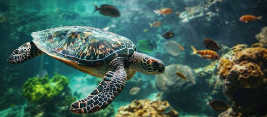 Fototapeta premium Green sea turtle Chelonia mydas swimming close to a school of fish Remora fish attached behind its head. with copy space image. Place for adding text or design