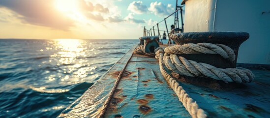 Forward starboard side mooring winch and anchor windlass with heaved up white manila rope on working drum of cargo container vessel during passing Mediterranean Sea during sunny weather