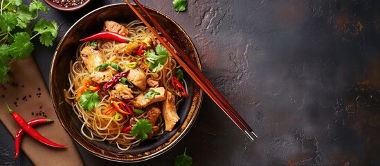 Asian noodles with chicken vegetables in bowl Asian style dinner Chinese or Japanese noodles Glass noodles stir fry with chicken carrots and onions Top view. with copy space image - obrazy, fototapety, plakaty
