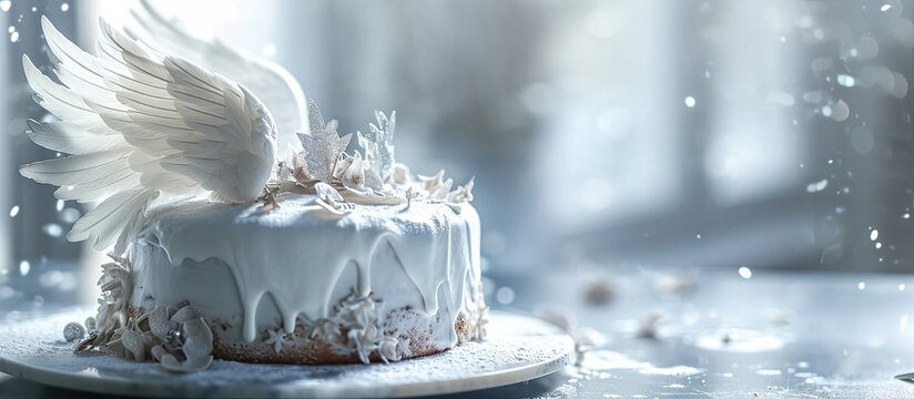 big white angel cake with wings and leaf with silver decor for baptism or wedding. with copy space image. Place for adding text or design