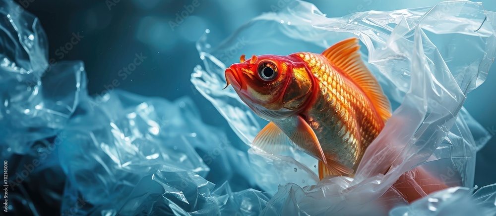 Aufkleber A fish with a plastic bag Pollution in oceans concept. with copy space image. Place for adding text or design