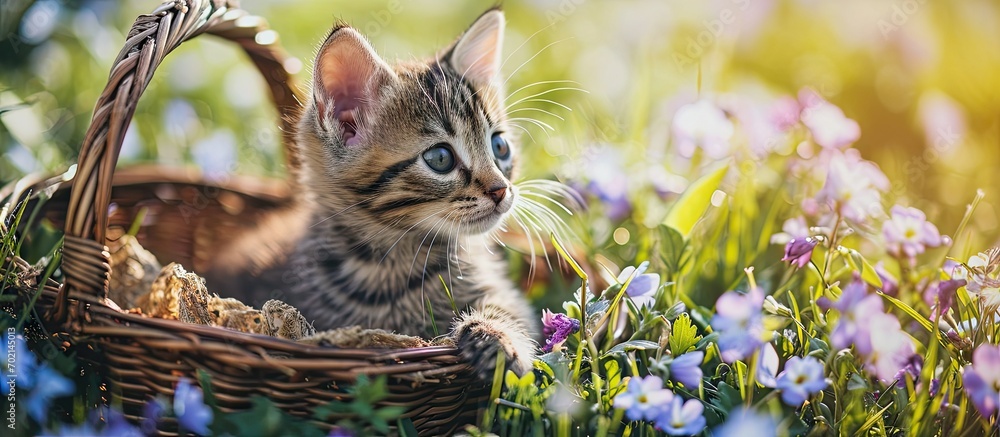 Poster cute little kitten sitting in a basket on the floral lawn. with copy space image. place for adding t