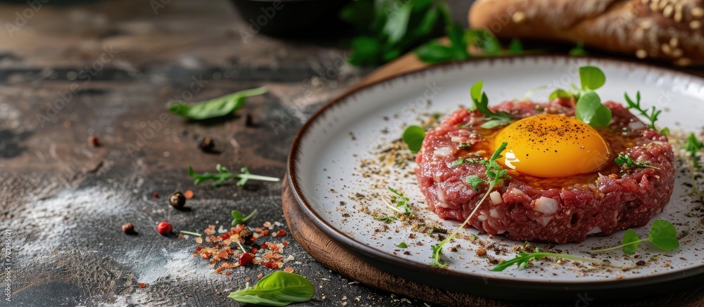 Poster Gourmet tartar raw from beef fillet with yellow of the egg grilled and baguette as closeup on modern design dish. with copy space image. Place for adding text or design