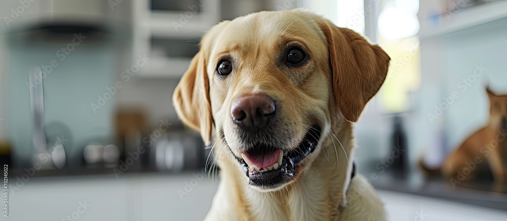 Poster cute labrador retriever with toothbrush indoors pet care. with copy space image. place for adding te