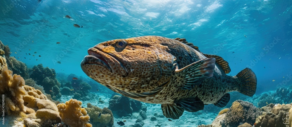 Aufkleber Coral reef in South Pacific with large grouper. with copy space image. Place for adding text or design