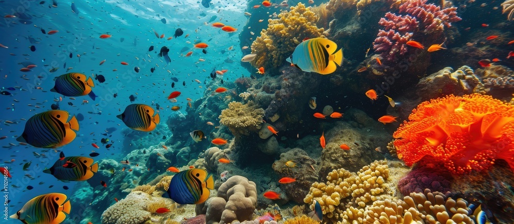 Poster Abstract shot of a Colorful fish in the clear seetrue waters of the Red Sea. with copy space image. Place for adding text or design