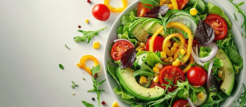Delicious light vegetable salad made from tomatoes canned corn avocado and onion sliced into rings. with copy space image. Place for adding text or design
