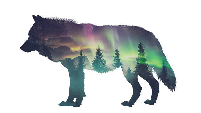 Double exposure effect of a wolf and a forest with the northern lights isolated on a transparent background