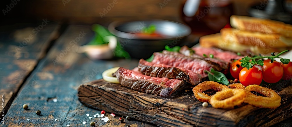 Aufkleber Beef tartare dish with onion rings served with toast bread. with copy space image. Place for adding text or design