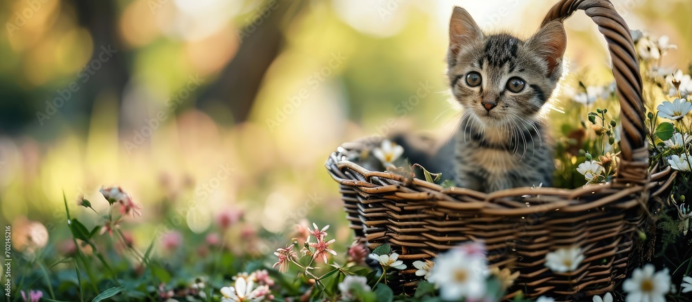 Poster cute little kitten sitting in a basket on the floral lawn. with copy space image. place for adding t