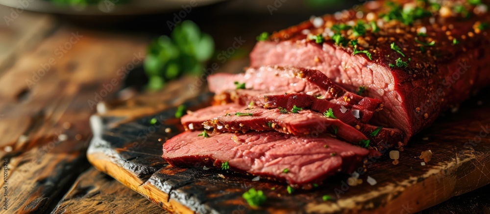 Poster Corned beef cooked and sliced on a cutting board irish recipe idea for St Patricks day. with copy space image. Place for adding text or design