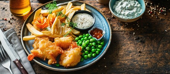 Classic British Scampi and Chips with peas and tartar sauce. with copy space image. Place for adding text or design