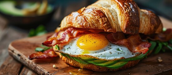 croissant sandwich breakfast with scrambled egg crispy bacon and mashed avocado. with copy space image. Place for adding text or design