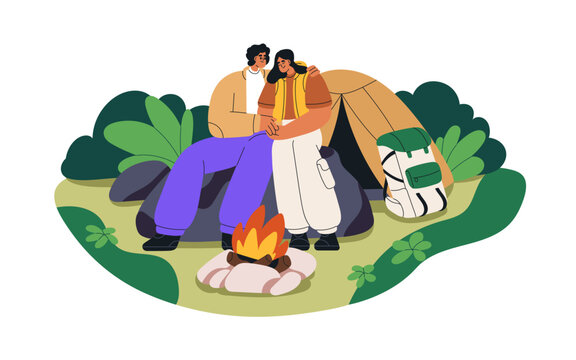 Love couple, campers relaxing by camping fire in nature. Man and woman backpackers at campfire and tent. Romantic holiday, summer vacation. Flat vector illustration isolated on white background