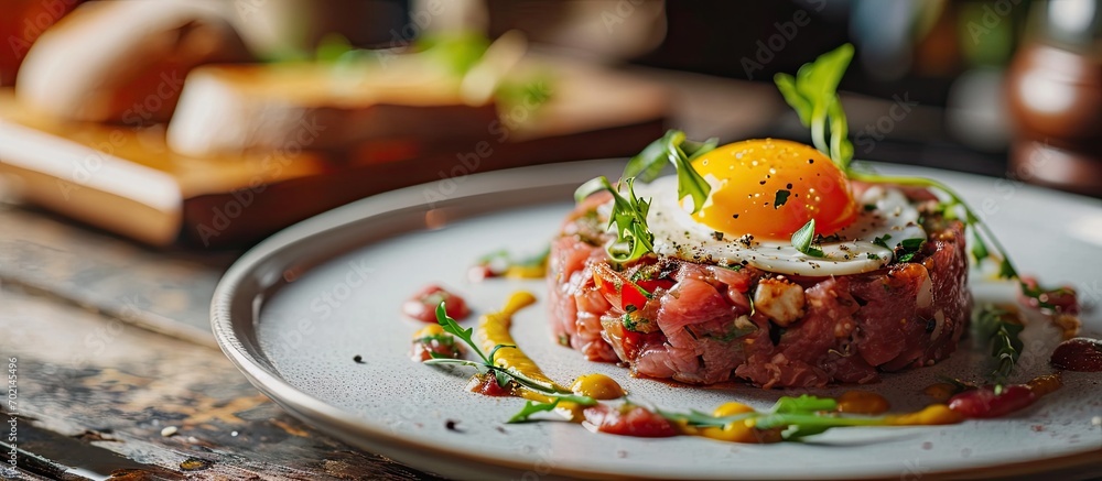 Poster Gourmet tartar raw from beef fillet with yellow of the egg grilled and baguette as closeup on modern design dish. with copy space image. Place for adding text or design