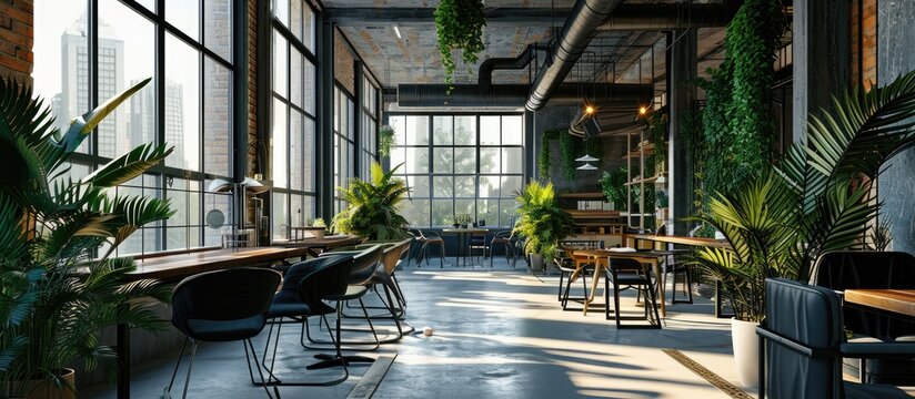 Co working office in loft style with green live plants no workers unemployment quarantine. with copy space image. Place for adding text or design