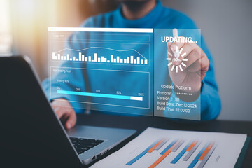 Update software and installing new version system in computer. Man upgrade program, Business...