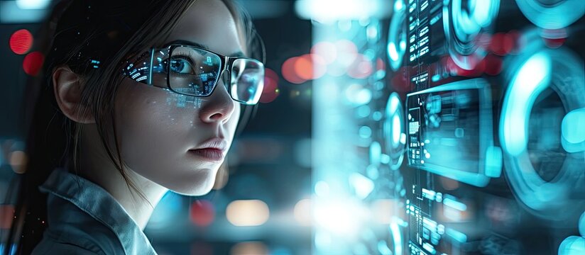 A female engineer in the near future who operates a hologram screen. with copy space image. Place for adding text or design