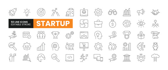 Fototapeta na wymiar Set of 50 Business Startup line icons set. Startup outline icons with editable stroke collection. Includes Mission, Team, Investment, Creativity, Innovation, and More.