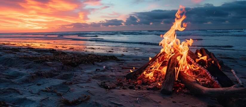 Camp fire by the beach during sunset Amazing sunset view by the beach. with copy space image. Place for adding text or design
