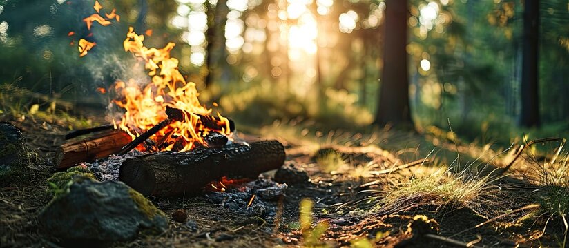 Closeup of burning brushwood campfire on forest ground on blurred background of trees and grass Closeup yellow flame burning in bonfire Camp fire in cloudy day outdoors. with copy space image