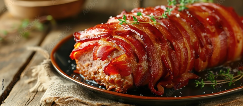 Aufkleber bacon wrapped meatloaf on the white plate. with copy space image. place for adding text or design