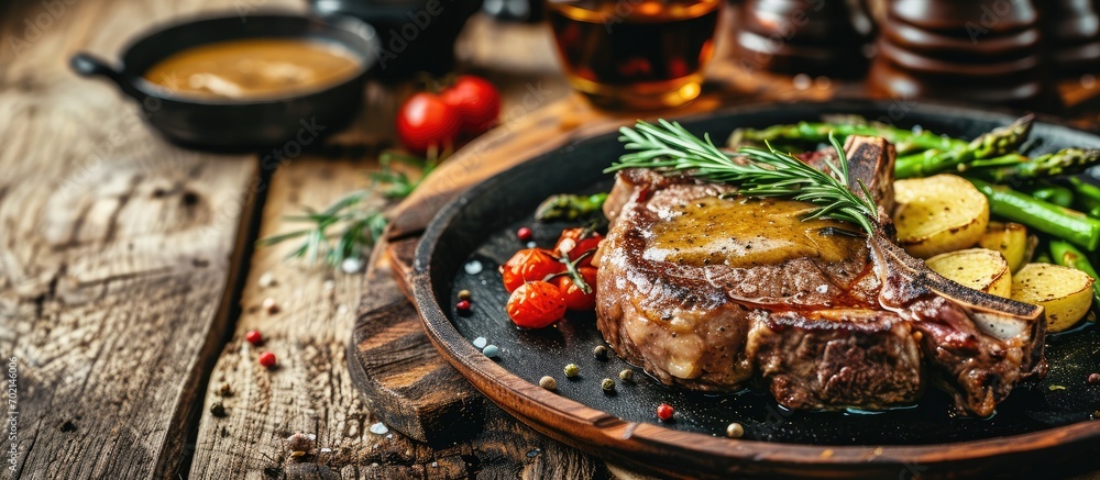 Aufkleber A sprig of rosemary on a fresh roasted bone in ribeye steak with garlic gravy and asparagus. with copy space image. Place for adding text or design