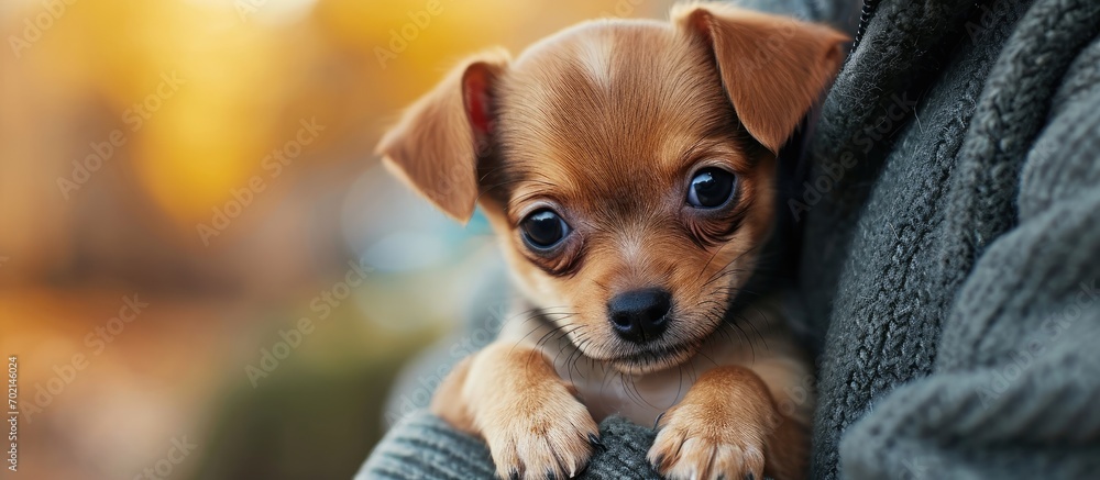 Poster chihuahua dog little miniature puppy on hands of unrecognisable person young woman. with copy space 