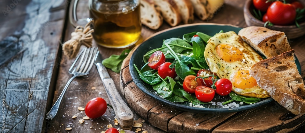 Poster a wholesome breakfast of spinach omelette cherry tomatoes grated cheese fresh veggies and whole grai