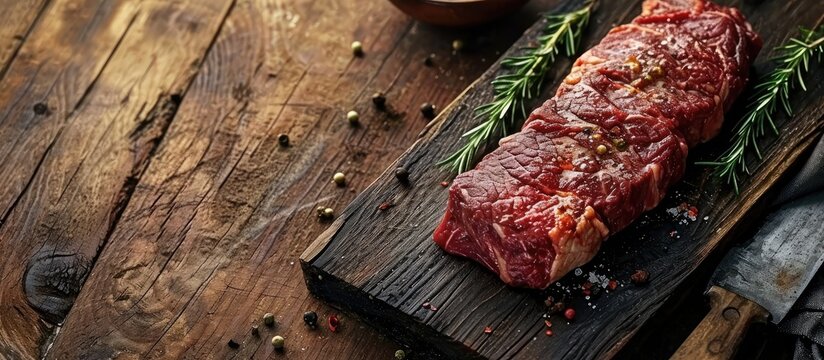 Closeup view of beef strip steak on cutting board. with copy space image. Place for adding text or design