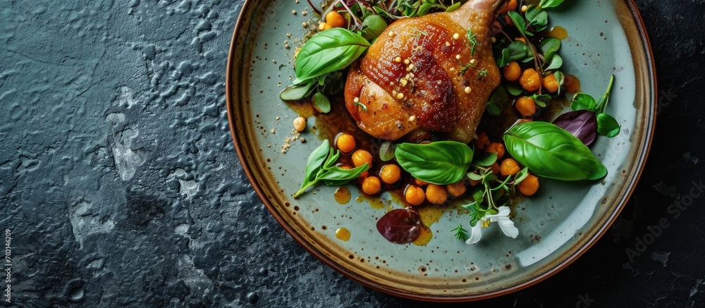 Aufkleber Duck leg fried in a sauce with sprouted sprouts flower petals chickpeas in sauce and basil in a plate on the table. with copy space image. Place for adding text or design