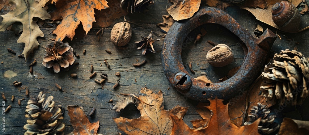 Poster Arrangement of rusty horseshoe acorns chestnuts faded leaves and pinecones Horizontal photo. with copy space image. Place for adding text or design