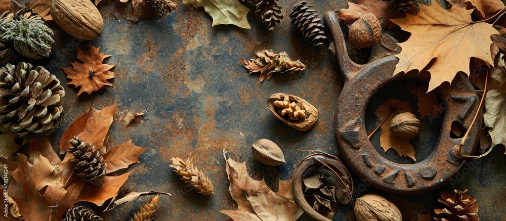 Poster Arrangement of rusty horseshoe acorns chestnuts faded leaves and pinecones Horizontal photo. with copy space image. Place for adding text or design