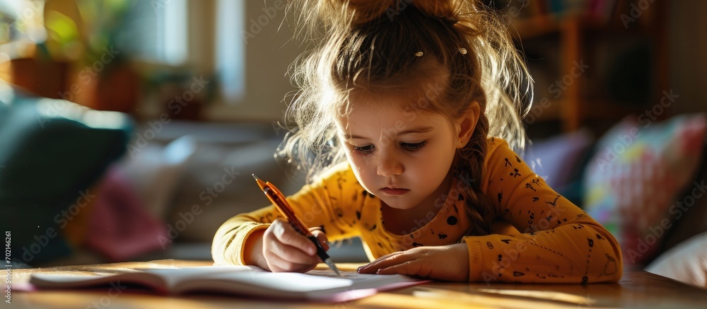 Aufkleber Cute young girl doing her math homework in school work book while sitting at living room table. with copy space image. Place for adding text or design