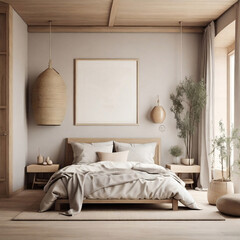Scandinavian farmhouse bedroom interior, poster frame mockup, 3d render interior of a bedroom