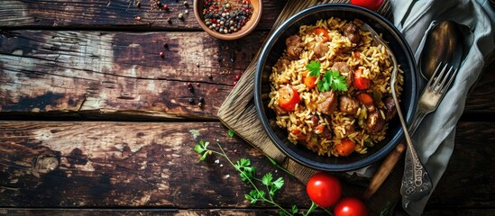 Fragrant pilaf with meat and vegetables close up on a plate Top view on wooden table Fork knife and...