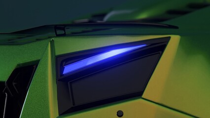 Blue futuristic brake lights of a sports car in close-up. 3D illustration