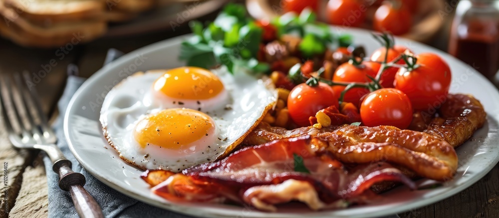 Poster English breakfast with fired round bacon avocado cherry tomatoes poached egg over the toasted bread with fork and knife and sliced scallion spread served on the white plate. with copy space image