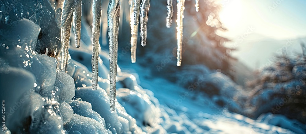 Aufkleber Beautiful shiny transparent icicles hang on a clear day Winter background with hanging icicles. with copy space image. Place for adding text or design