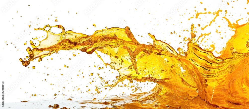 Poster flying splash yellow liquid on a white background. with copy space image. place for adding text or d