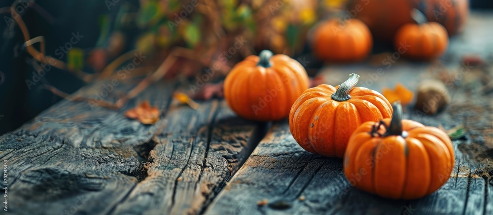 Poster Autumn and Thanksgiving table decoration with orange mini pumpkins. with copy space image. Place for adding text or design