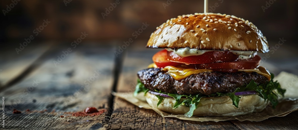 Poster Cheeseburger with beef tomato lettuce and onion on wooden table. with copy space image. Place for adding text or design