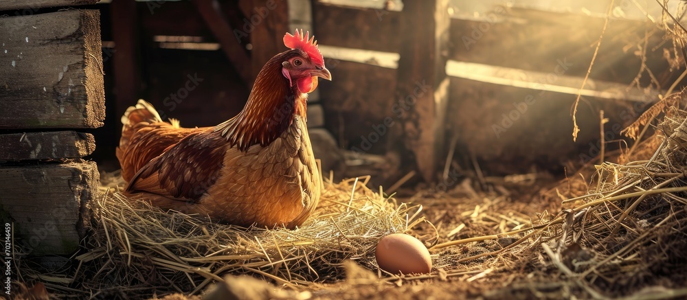 Poster brown hen sitting in nest with egg hen and egg hen poultry hatching egg brood hen farming and chicken coop. with copy space image. Place for adding text or design