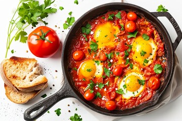 Shakshuka with vegetables, herbs, tomato sauce and grilled bread slices