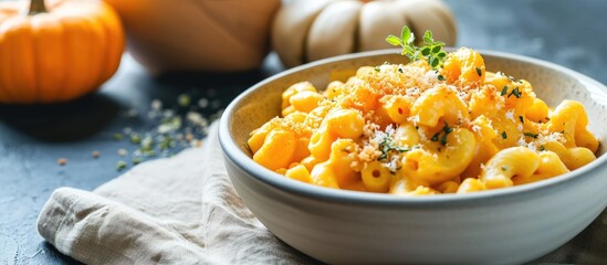 Creamy pumpkin mac and cheese in a bowl toning. with copy space image. Place for adding text or design