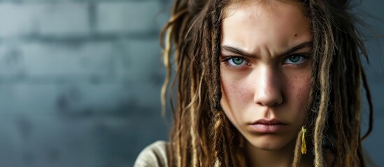 Girlfrined with dreadlocks is disappointed with her boyfriend Displeased angry teenager holding hands on hips frowning expressing dislike. with copy space image. Place for adding text or design - obrazy, fototapety, plakaty