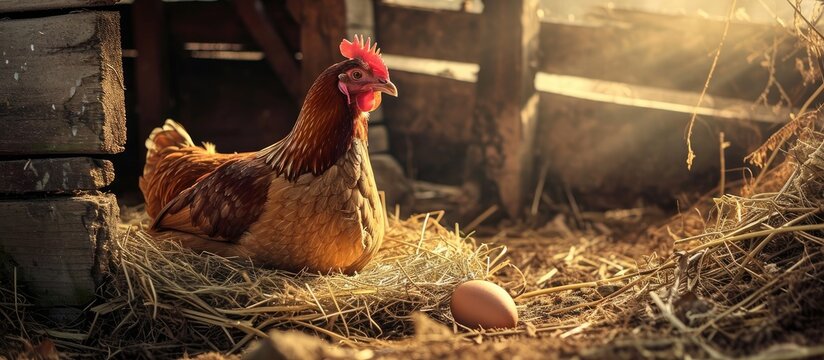 brown hen sitting in nest with egg hen and egg hen poultry hatching egg brood hen farming and chicken coop. with copy space image. Place for adding text or design