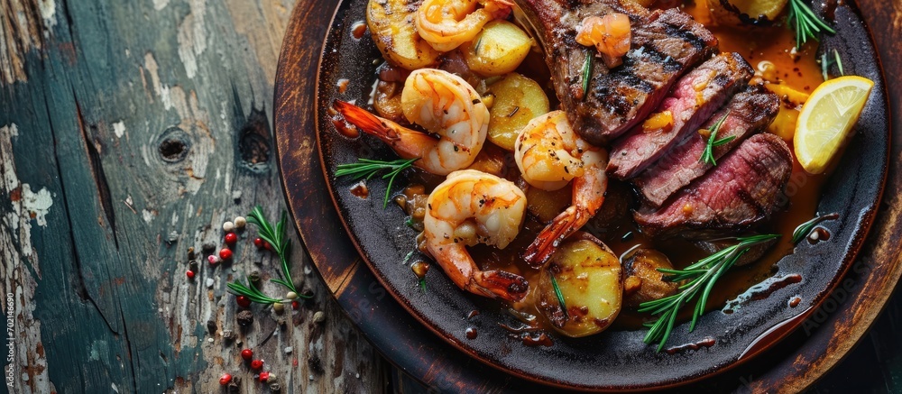 Poster delicious steak oscar with jumbo prawns served with roasted potatoes. with copy space image. place f