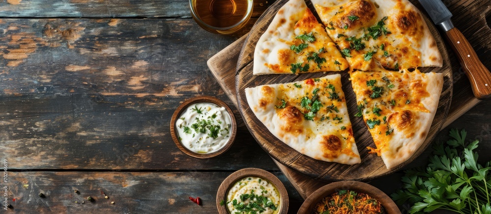 Aufkleber aerial top shot of stuffed cheese naan flat bread with dips on circular wooden baking cutlery. with 
