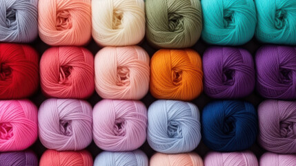 Knitting needles, colorful threads. Selection of colorful yarn wool on shopfront. Knitting background, lot of balls. Knitting yarn for handmade winter clothes